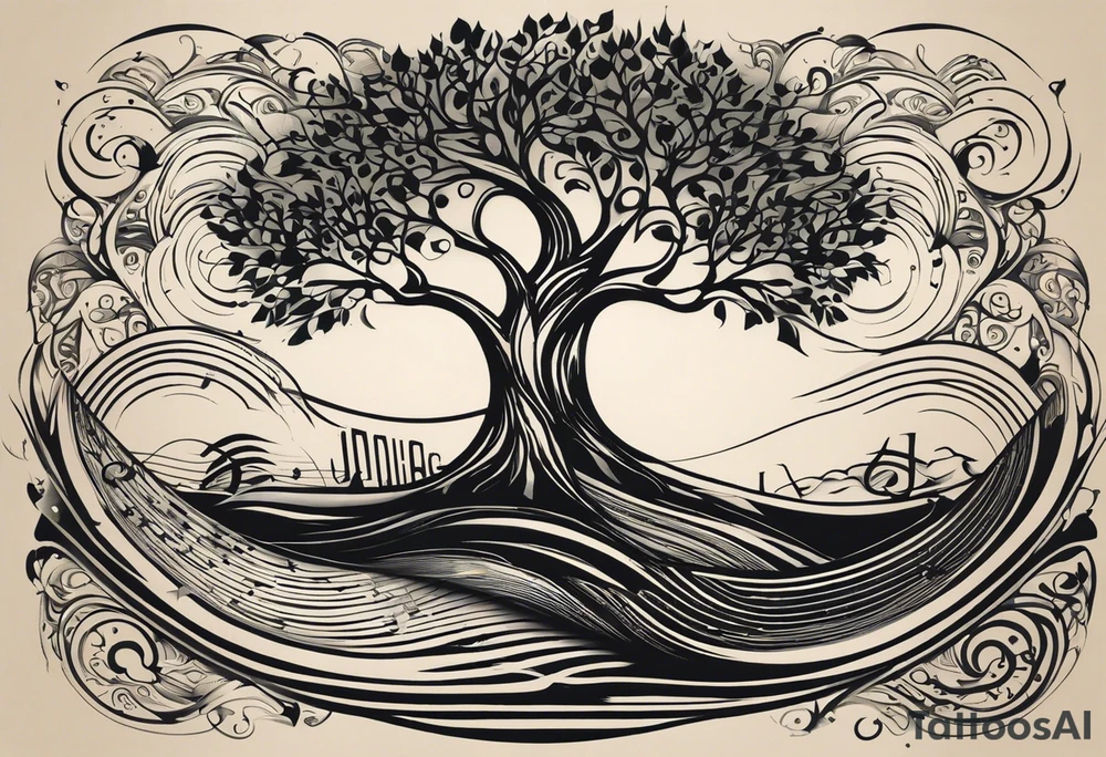A tattoo design that incorporates the following elements: an abstract tree of life that has roots emerging  from the ground. Waves of water wrap around the tree in a non symmetrical design.  Incorporate musical notes into the tree. the letters U and A are overlapping and engraved into the tree. incorporate a golf ball or golf course symbols like a flag but not prominent. tattoo idea