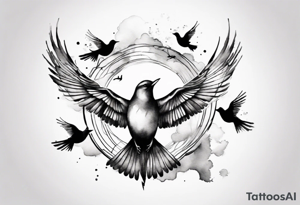 shoulder tattoo with light rays with birds flying free among the clouds, round shape, 3d effect tattoo idea shoulder tattoo with light rays with birds flying free among the clouds, round shape, 3d effect tattoo idea