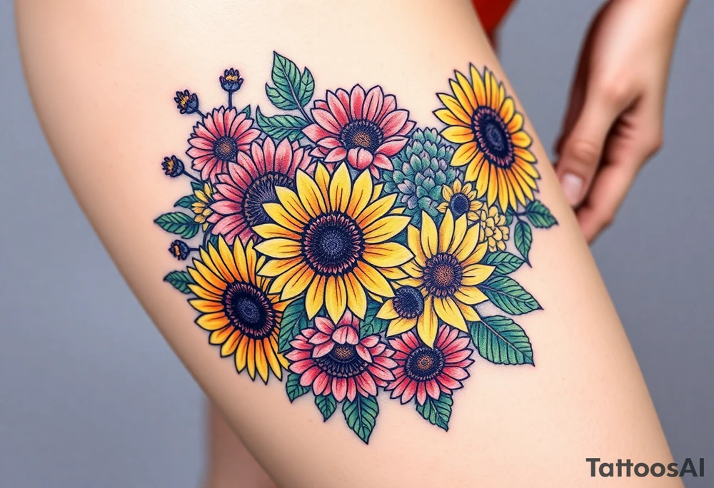 Bouquet of sunflowers, water Lillies, dahlias, marigolds, carnations, hydrangeas, daisys, and chrysanthemums tattoo idea