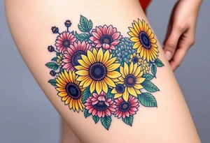 Bouquet of sunflowers, water Lillies, dahlias, marigolds, carnations, hydrangeas, daisys, and chrysanthemums tattoo idea