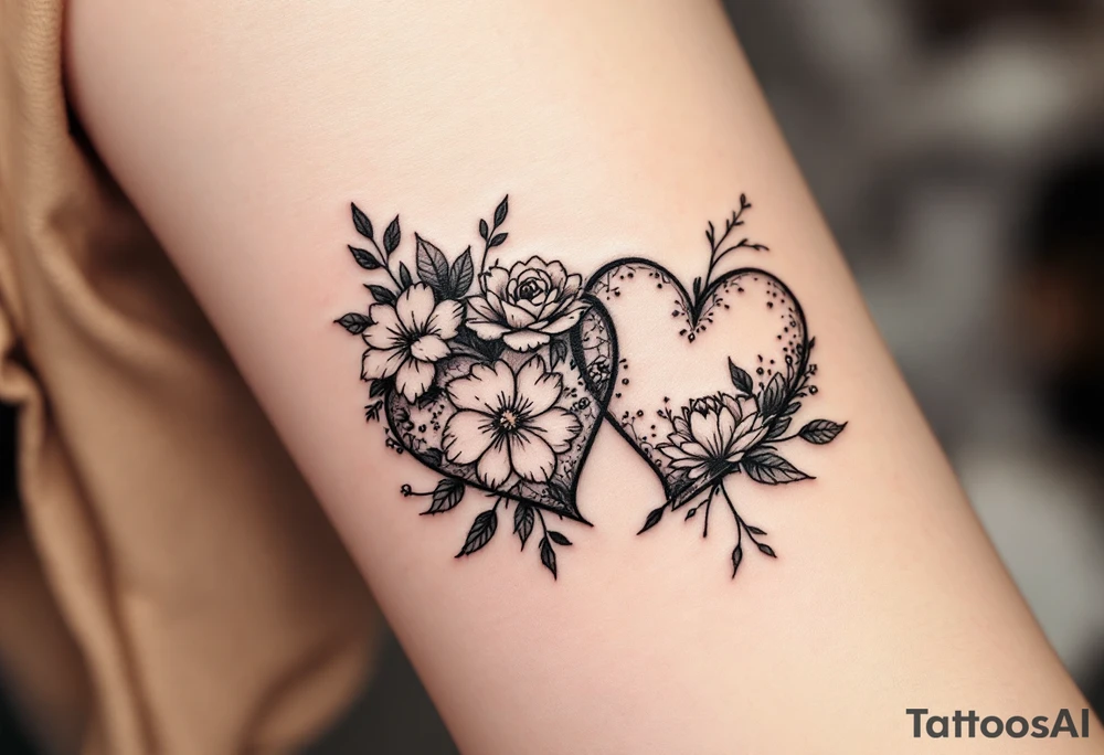 Matching flowery hearts in black ink tattoo idea