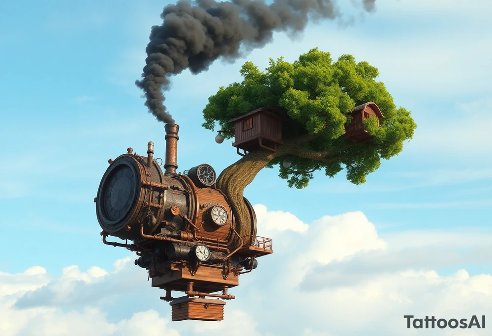 tree growing out of a v shaped engine with lots of pipes, guages and steam around the engine 
 with a smoke stack coming out of the top 
 billowing black smoke as if the tree and engine were a flying machine flying through the air 
 with an extreme steam punk vibe alot more steam punk 
it should look somewhat like a hot air baloon where the tree is the balloon and the machine is the basket but they are together as one unit, and the sky should have clouds in the back ground as if it were chugging along flying through the sky and needs to look extremely steam punk
the smoke stack should be coming out of the tree and the smoke should be trailing behind the machine 
the tree is the actual smoke stack for the machine 
the smoke stack should be a branch pointing up and out with smoke billowing out of it 
and the motor should be a motor that is kind of shaped like the letter V
and there should be a little tree house built in the tree with steam punk looking windows and some stairs down to a platform on the top of the engine 
the tree house shouold be built into the tree as if it were grown into the tree tattoo idea