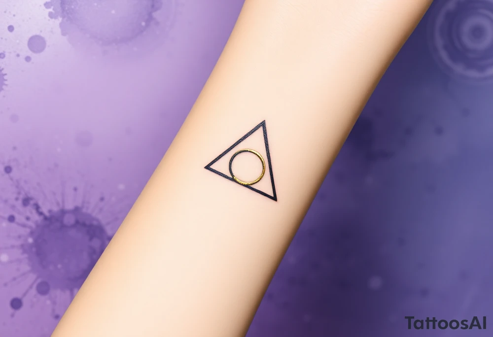A delicate Deathly Hallows full symbol in thin gold lines, set against a soft watercolor galaxy background in shades of deep purple and midnight blue tattoo idea