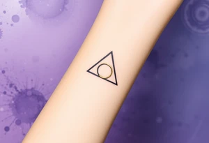 A delicate Deathly Hallows full symbol in thin gold lines, set against a soft watercolor galaxy background in shades of deep purple and midnight blue tattoo idea