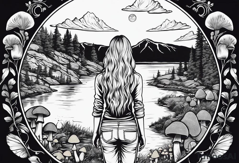 Whole picture encircled fully

Straight long blonde hair hippie girl in distance holding mushrooms in hand facing away toward mountains and creek surrounded by mushrooms tee shirt and hiking pants; whole rendering within a full circle, no cut off circle tattoo idea