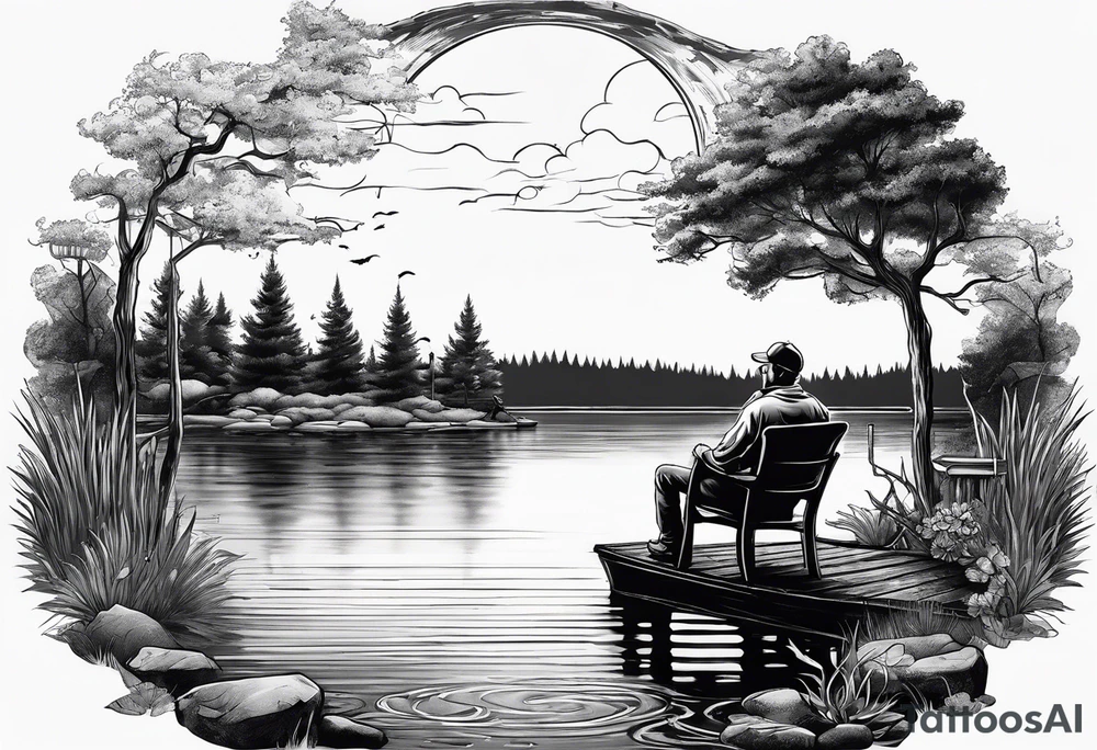 Man with halo  sitting in chair on dock 
fishing in a pond from a distance tattoo idea