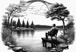 Man with halo  sitting in chair on dock 
fishing in a pond from a distance tattoo idea