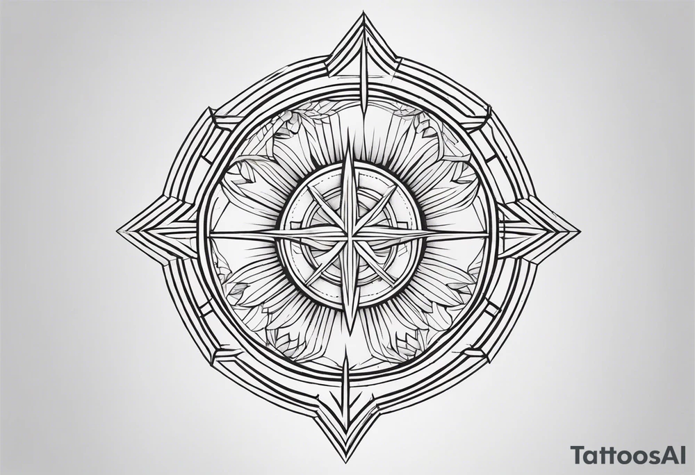 Geometric Tattoo: A refined cross with a soft halo on top of it, symbolizing light and spirituality. Delicate rays extend outward from the halo, adding a subtle glow and depth. The cross itself is simple and elegant, with potential for small, intricate line details within the design. Style: Geometric tattoo idea