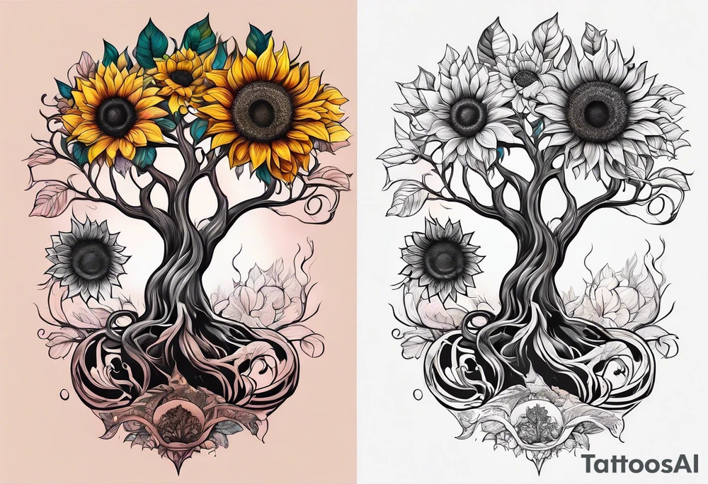 Feminine Yggdrasil tree with two sunflowers tattoo idea