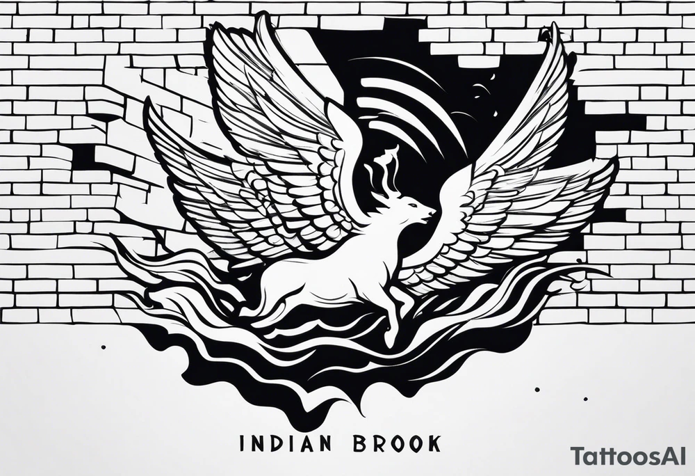 The words “Indian Brook” crashing out of a brick wall surrounded by angels tattoo idea