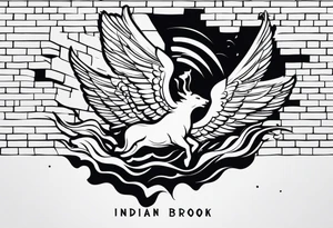 The words “Indian Brook” crashing out of a brick wall surrounded by angels tattoo idea