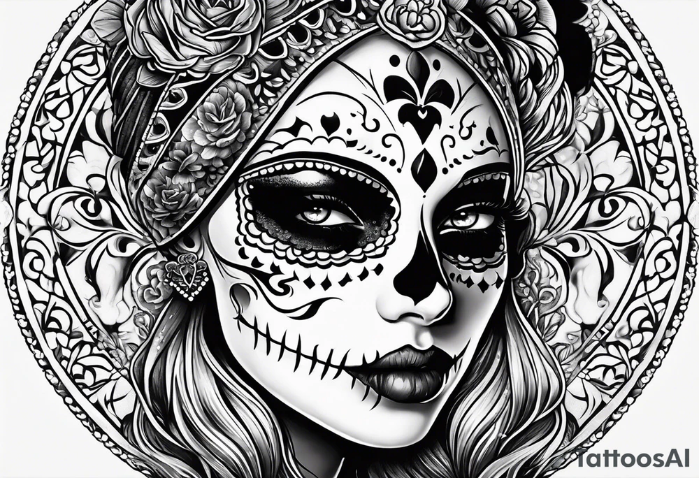 ghostly, dark, woman's face, day of the dead, zoomed out, white border tattoo idea