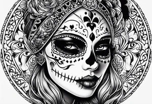 ghostly, dark, woman's face, day of the dead, zoomed out, white border tattoo idea