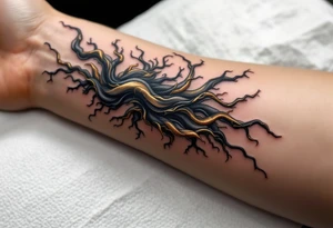 A fusion design of organic tendons and metallic elements in jet black and bronze, blending with skin through shadowed transitions. tattoo idea