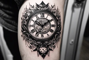 Dessine moi un tatouage noir et blanc pour l'épaule d'un homme.Il représente une horloge/sablier ou des chiffres tombent de l'horloge dans le fond du Sablier tattoo idea