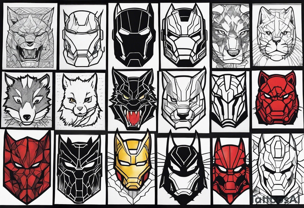 I want to change Avengers Team characters with animals. Hulk will be Badger, Thor will be Alpha Grey Wolf, Captain America will be Bull, Iron Man will be Canary, Black Widow will be Axolotl, Hawk Eye will be Sudan Plated Lizard and Nick Fury will be Cat. tattoo idea