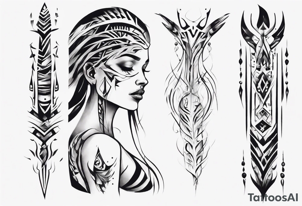 a neotribal spine tattoo that includes a woman floating tattoo idea