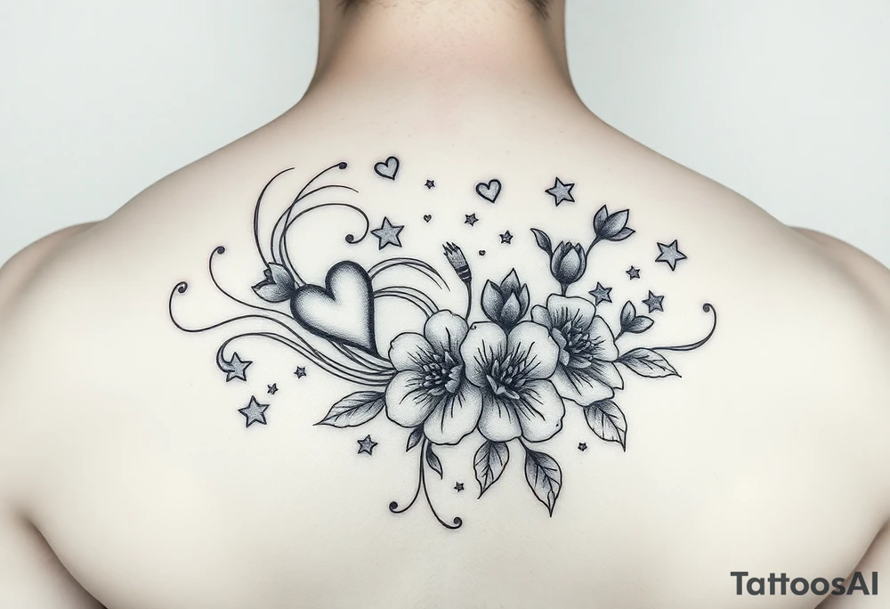 I want swirling lines like wind with hearts and stars an flowers with makeup floating tattoo idea