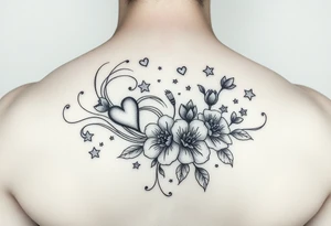 I want swirling lines like wind with hearts and stars an flowers with makeup floating tattoo idea
