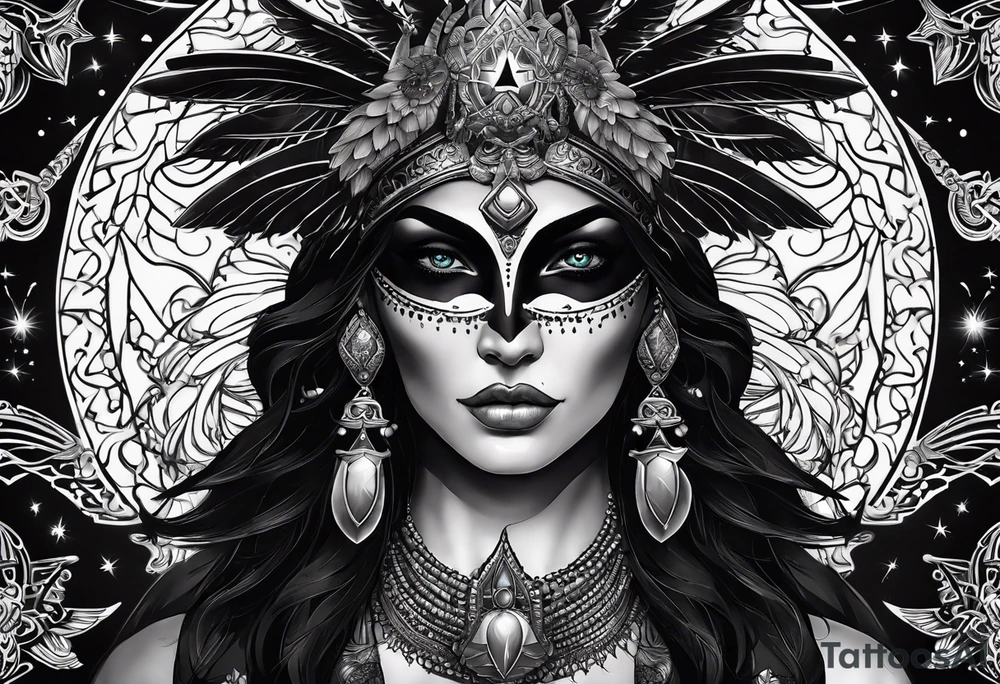 black kali, goddess pirate, alien, pachamama, valkrye, warrior, skull, lotus azul, wing, eagle, zenza resonance, stars, 5D, anahata chakra tattoo idea