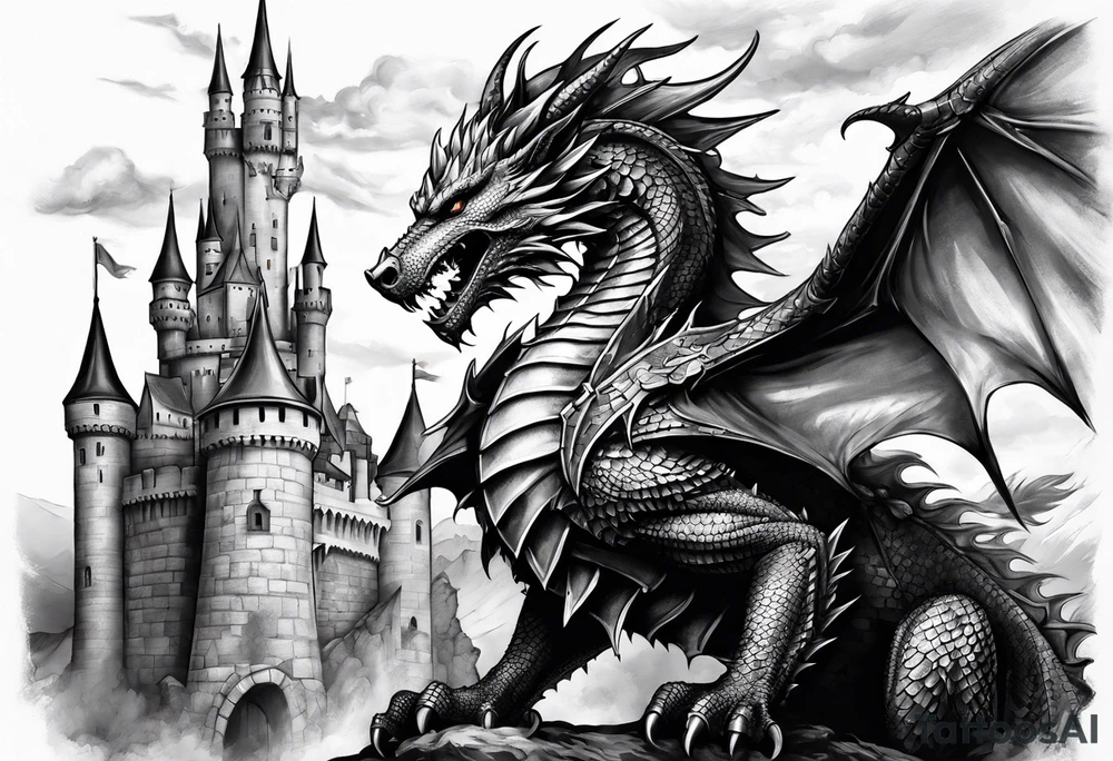 knight, dragon, castle tattoo idea