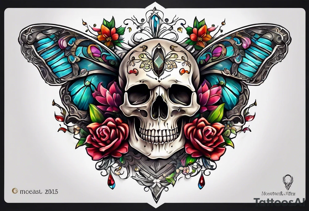 Flower chest piece, small animal skull, crystals, moth tattoo idea