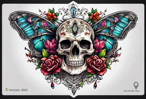 Flower chest piece, small animal skull, crystals, moth tattoo idea