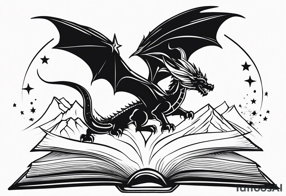 an open fairy fantasy book. a flying dragon with scales and four legs. a sword. Three stars with three mountain peaks tattoo idea