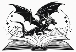 an open fairy fantasy book. a flying dragon with scales and four legs. a sword. Three stars with three mountain peaks tattoo idea