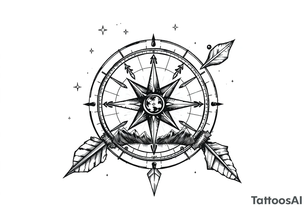 a compass,stars,landscape,an arrow. tattoo idea