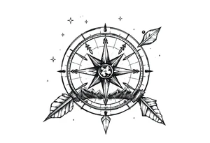 a compass,stars,landscape,an arrow. tattoo idea