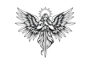 Majestic and powerful archangel wearing a halo, having six wings, weilding a sword tattoo idea