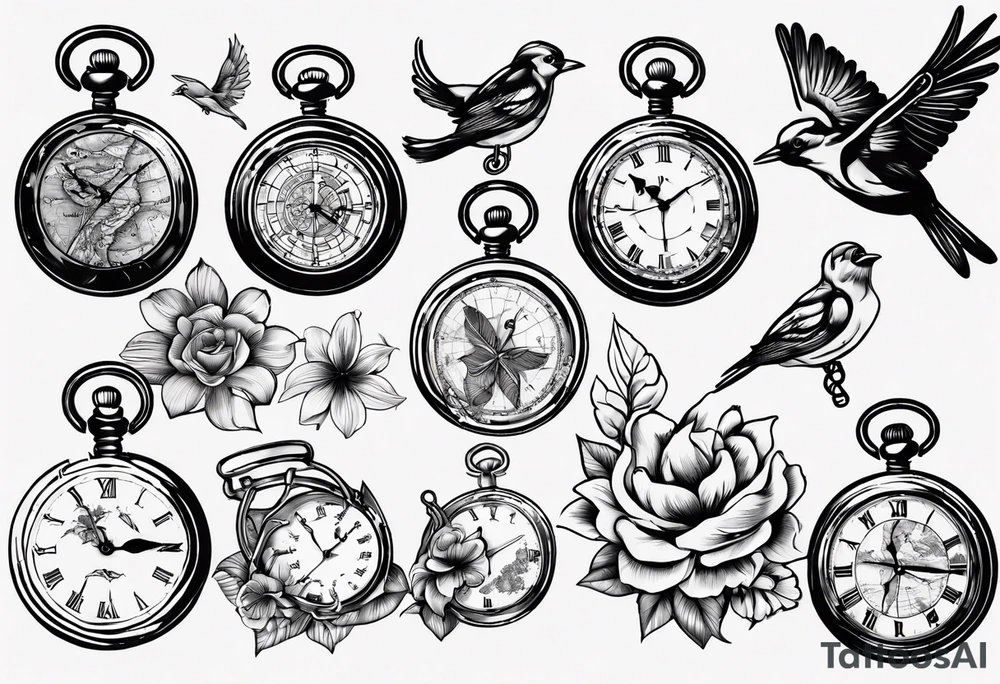 pocket watch, map , flower , bird tattoo idea