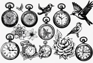 pocket watch, map , flower , bird tattoo idea