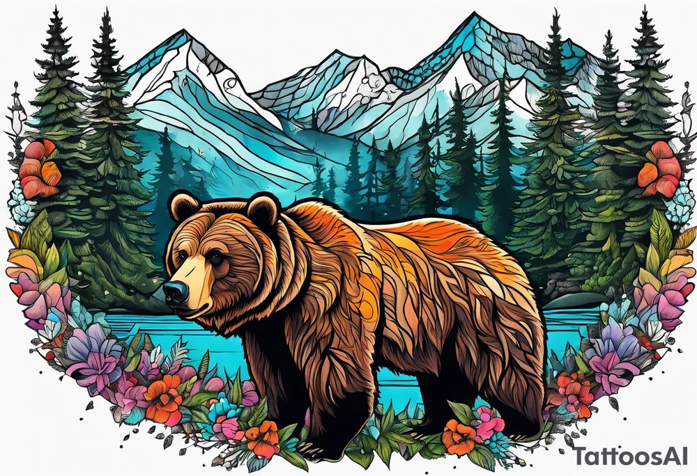 grizzly bear mountain forest tattoo idea
