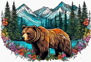 grizzly bear mountain forest tattoo idea