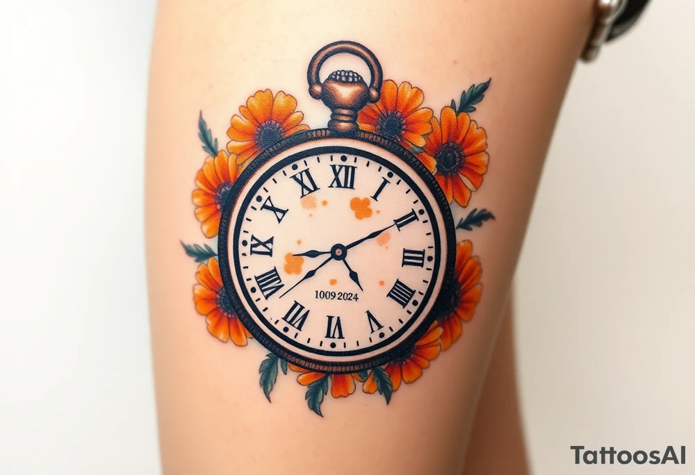 Beautiful pocket watch reading 2:37 with Roman numeral for 10/09/2024 and name Jackson Calloway in the face of watch surrounded by orange marigolds tattoo idea