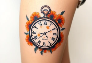 Beautiful pocket watch reading 2:37 with Roman numeral for 10/09/2024 and name Jackson Calloway in the face of watch surrounded by orange marigolds tattoo idea