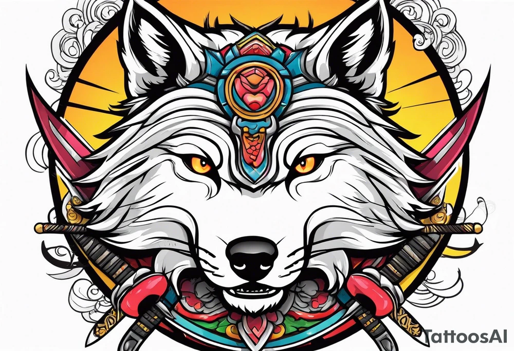 wolf head with katana in mouth tattoo idea