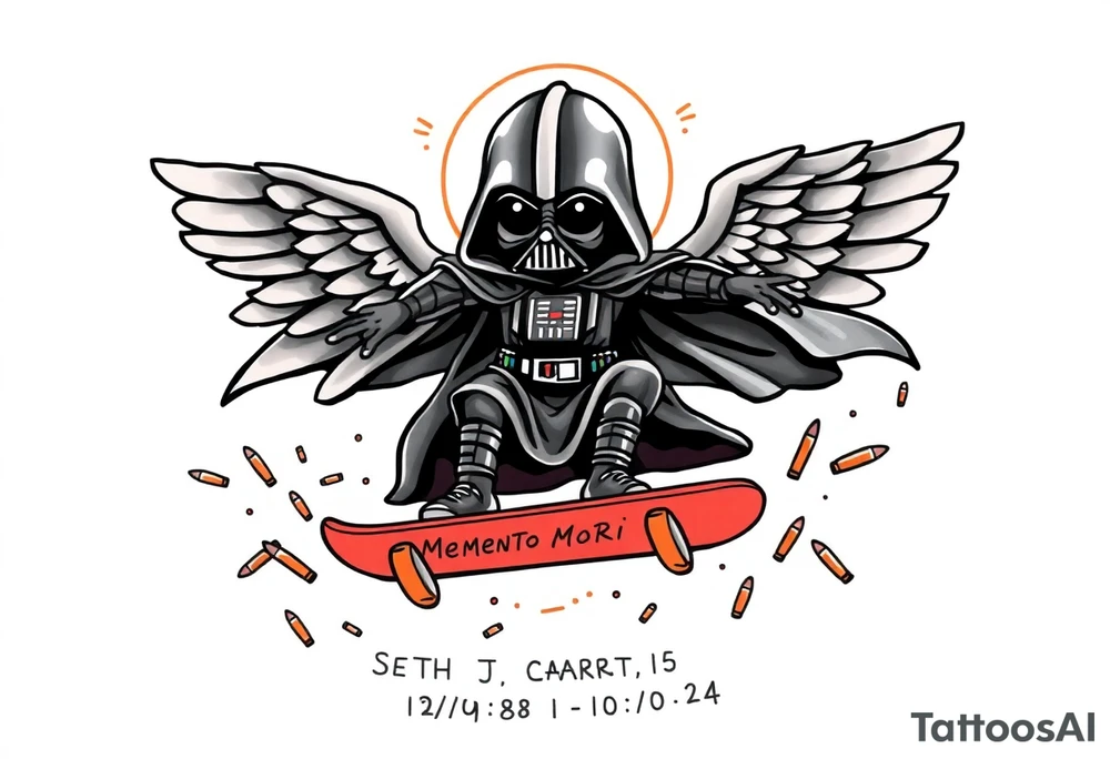 Skateboarding Darth Vadar saying "Memento Mori", outdoors, heaven, bullets
SETH J. CARTER
12/29/88-01/06/24 tattoo idea