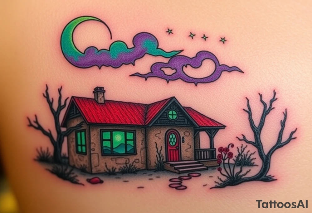 Tim Burton’s haunted desert bungalow is abandoned and dripping with muted reds, dusty pinks, and eerie green glow.purple and cyan smokey clouds swirl in the crescent moonlit sky thats sprinkled with stars tattoo idea tattoo idea
