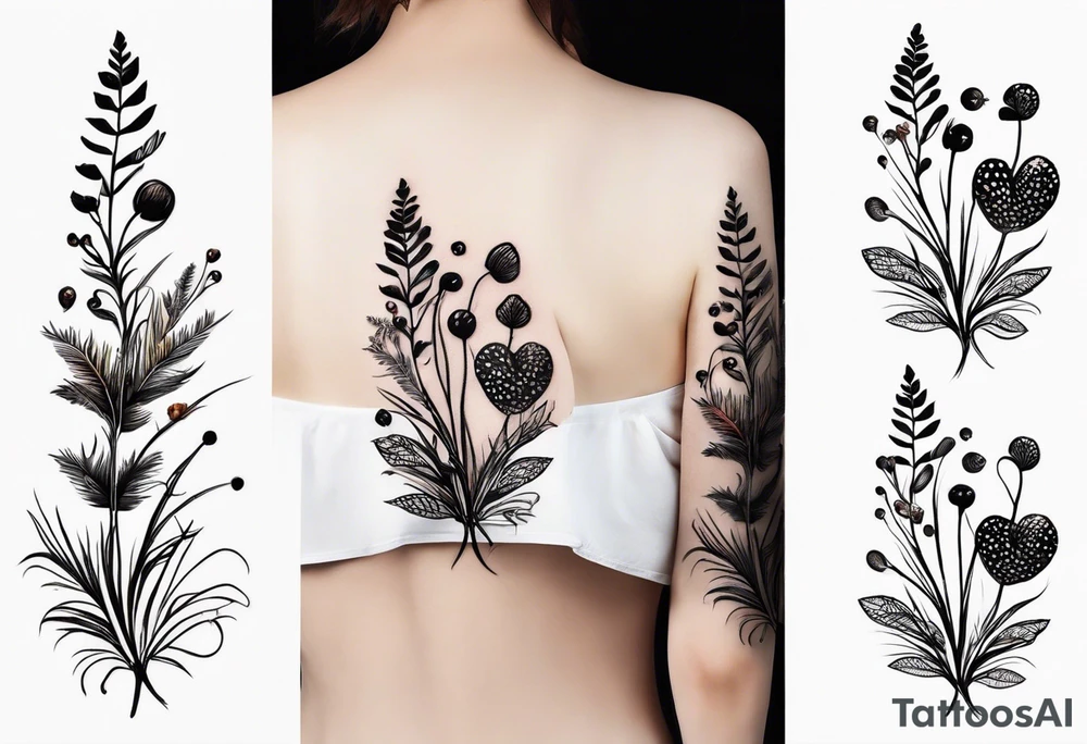 forest floor inspired minimalist tattoo, which includes grass, curly ferns and dead leaves as the bulk of the tattoo. details to include: three very tiny strawberries, a tiny bumblebee flying nearby, three small brown mushrooms tattoo idea