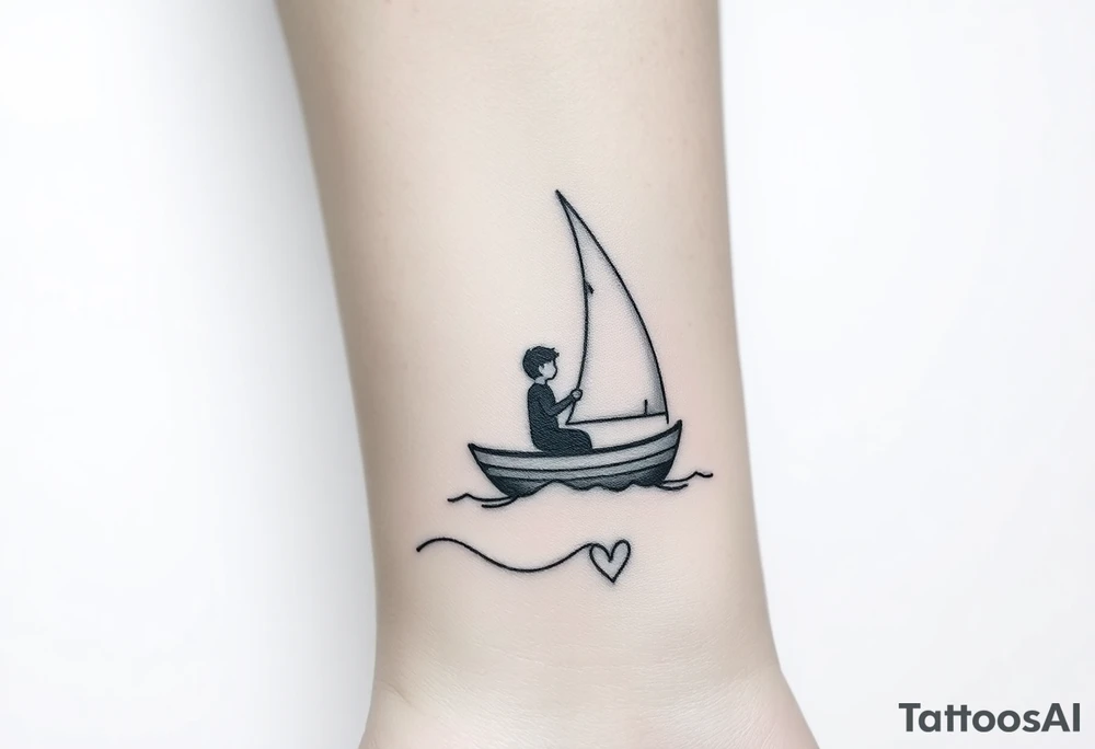 Create a simple sailboat sailing on the ocean. Add a boy and a girl in the boat. Add a heart. tattoo idea