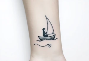 Create a simple sailboat sailing on the ocean. Add a boy and a girl in the boat. Add a heart. tattoo idea