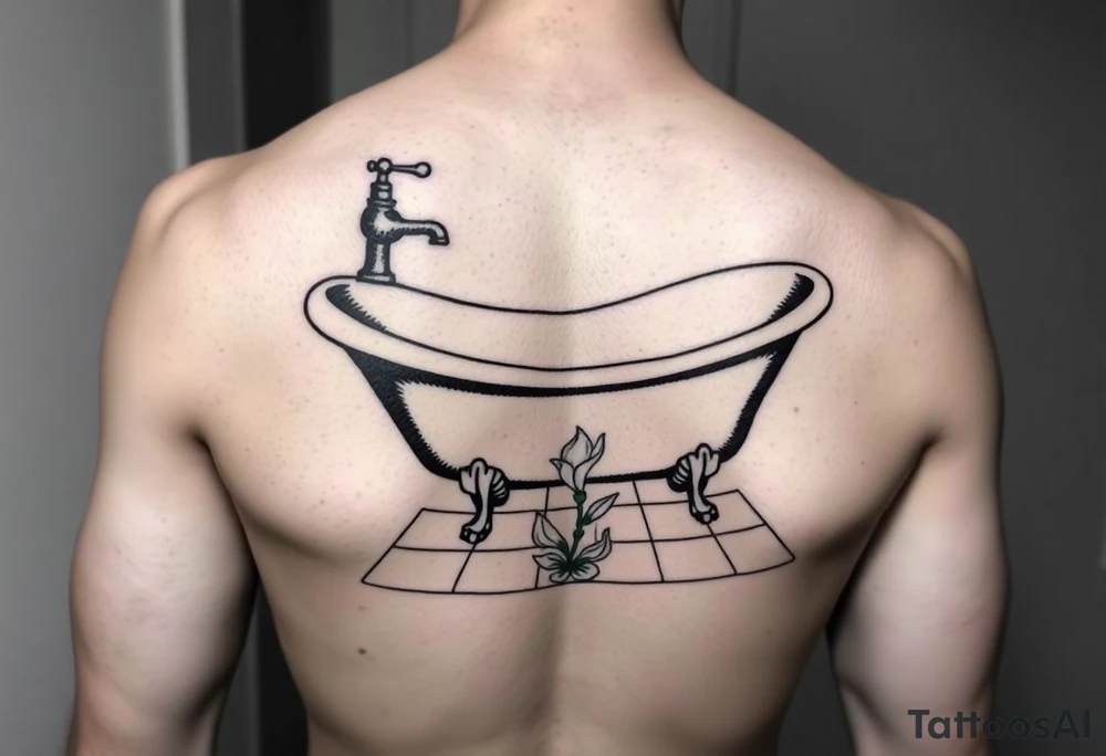 clawfoot bathtub with simple faucet and lily coming up out of the tile floor tattoo idea