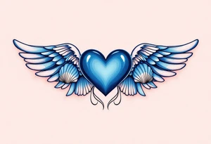 Ocean Heart with Seashell Wings – A deep blue heart, surrounded by seashell-adorned wings, symbolizing love that is fluid, deep, and eternal like the ocean. tattoo idea