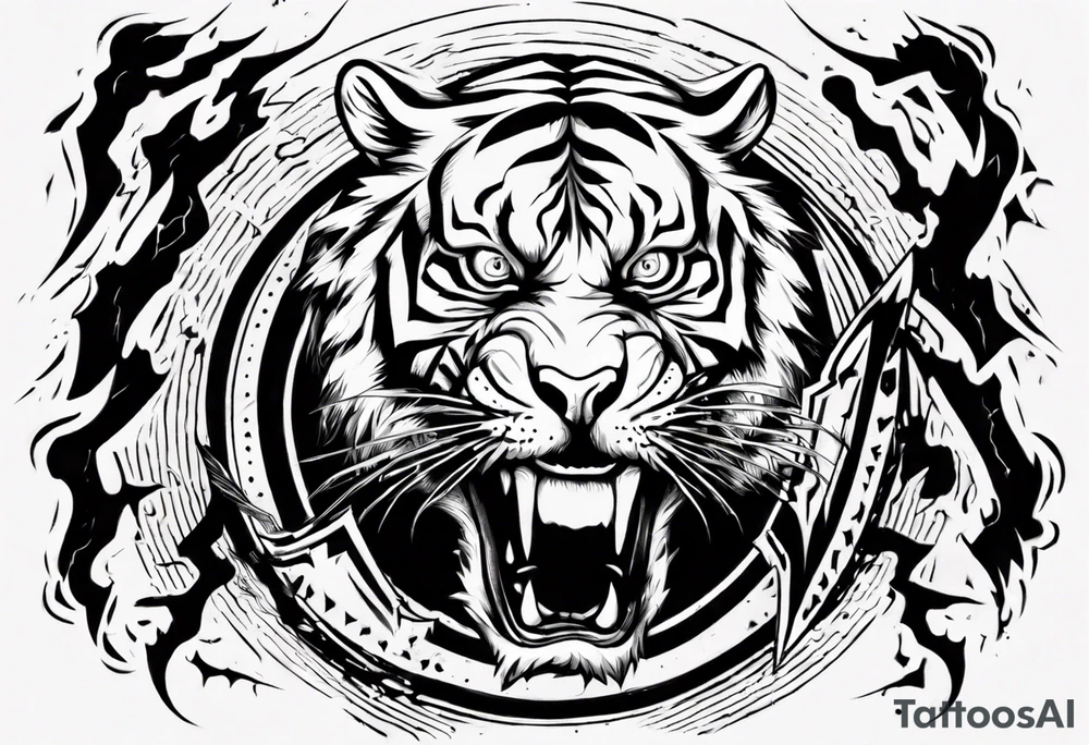 A tiger surrounded by lightning for a forearm sleeve. Alos leaving room for a symbol to be below the tiger tattoo idea