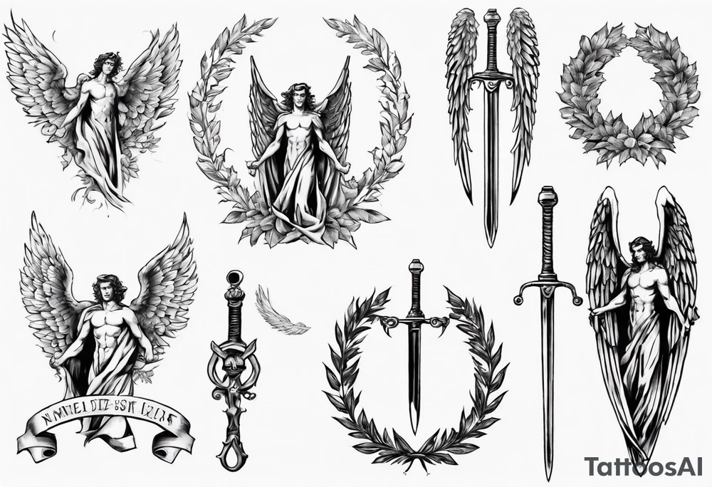 number 13, a laurel leaf wreath, and a Male angel holding sword tattoo idea