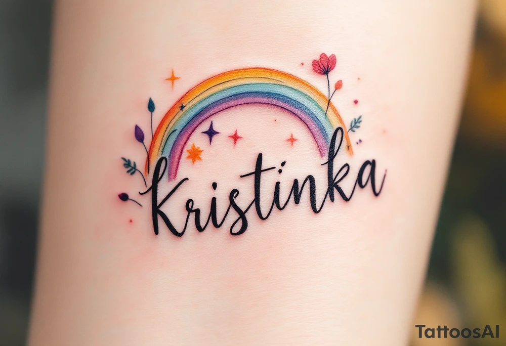 Kristýnka written in a watercolor rainbow arc, delicate and joyful. tattoo idea