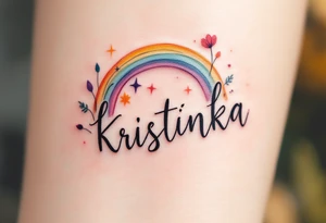 Kristýnka written in a watercolor rainbow arc, delicate and joyful. tattoo idea